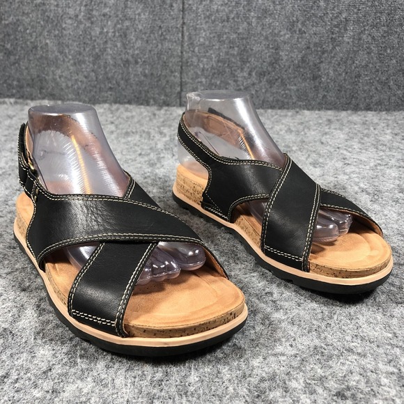 Clarks Sandals Womens 8.5 M Black Leather Slingback Cork Wedge Comfort Shoes - Picture 1 of 16